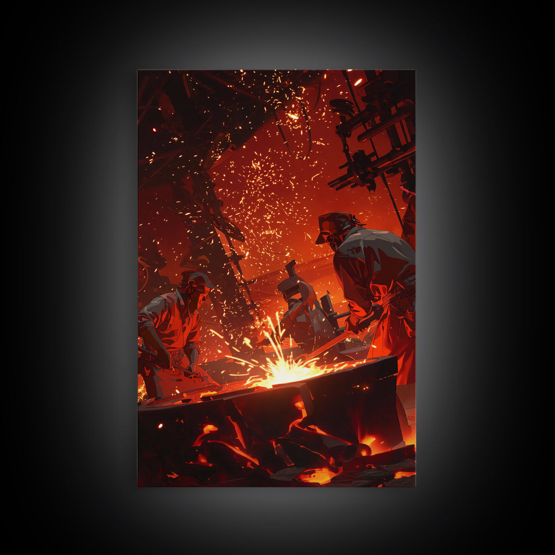 Two Foundry Workers Amid Sparks Framed Canvas Print, Fiery Industrial Wall Art, African Inspired Workshop Decor For Him Gift