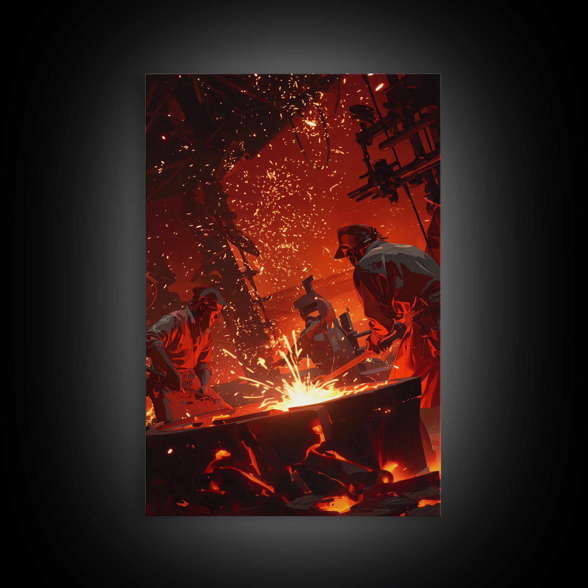 Two Foundry Workers Amid Sparks Framed Canvas Print, Fiery Industrial Wall Art, African Inspired Workshop Decor For Him Gift