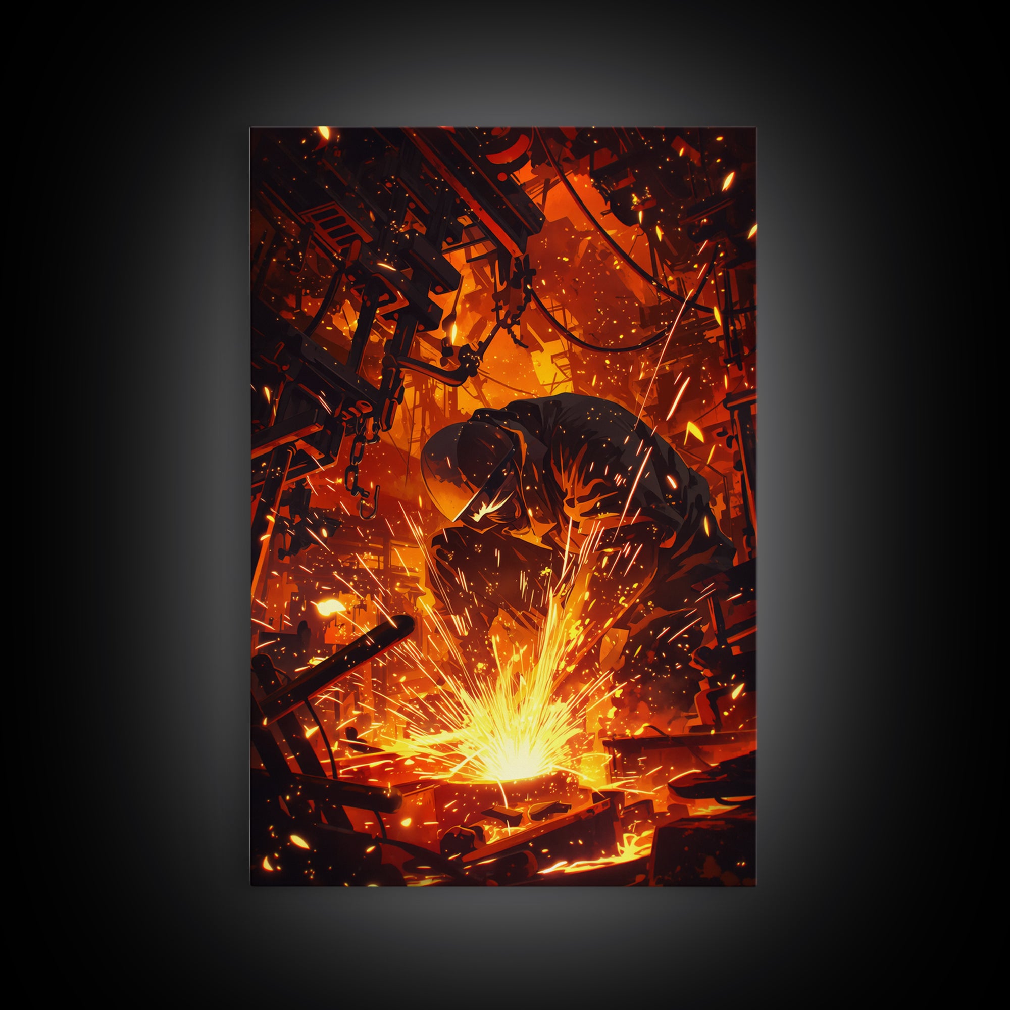 Crouching Welder In Fiery Workshop Canvas Print, Industrial Black Art, Orange Sparks Wall Decor, Unique Home Decor Gift Idea