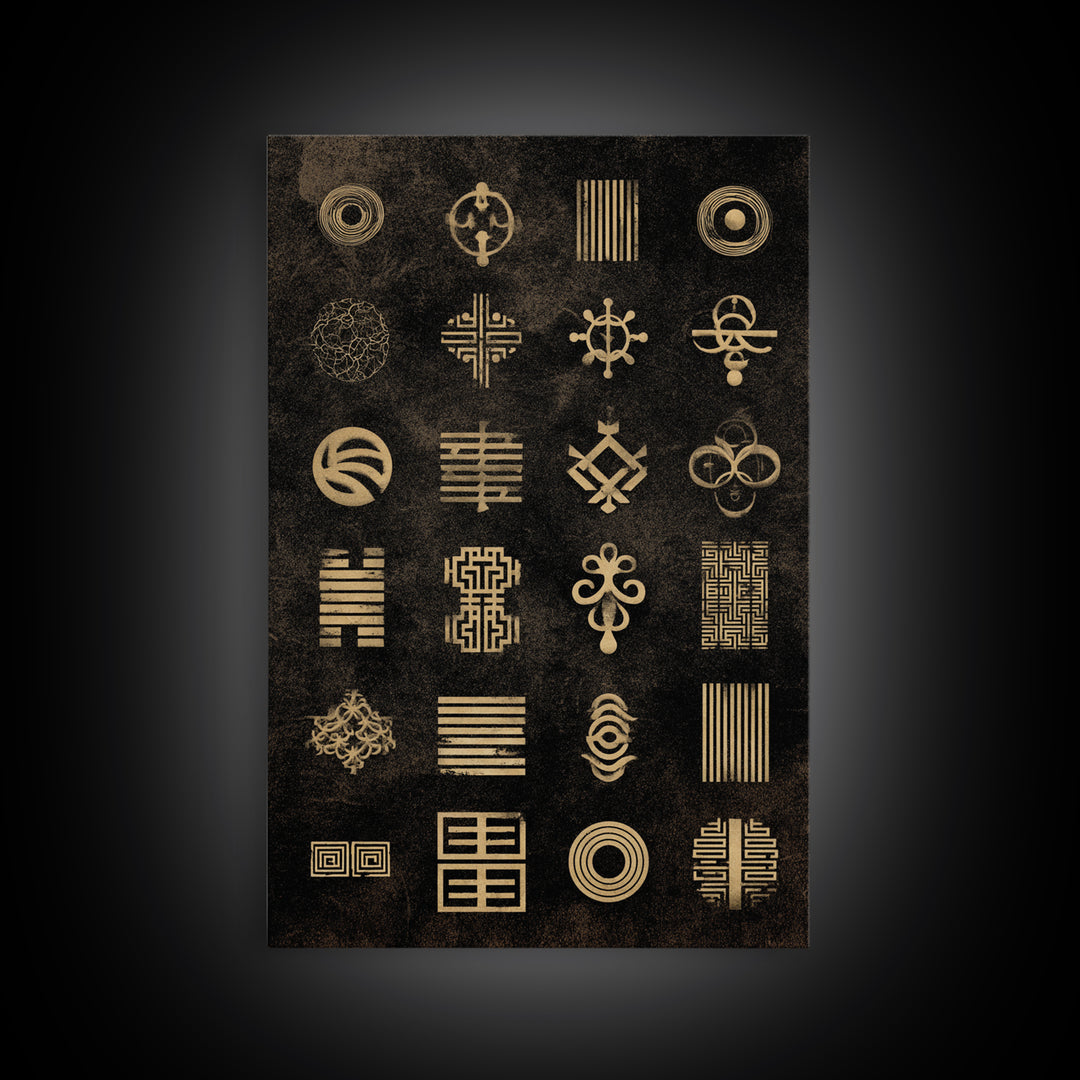 Gold African Adinkra Symbols Wall Art, Geometric Tribal Pattern, Black And Gold Art, Afrocentric Cultural Decor Gift Idea