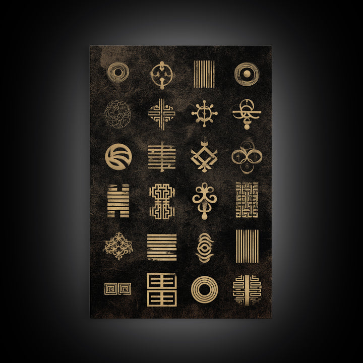Gold African Adinkra Symbols Wall Art, Geometric Tribal Pattern, Black And Gold Art, Afrocentric Cultural Decor Gift Idea