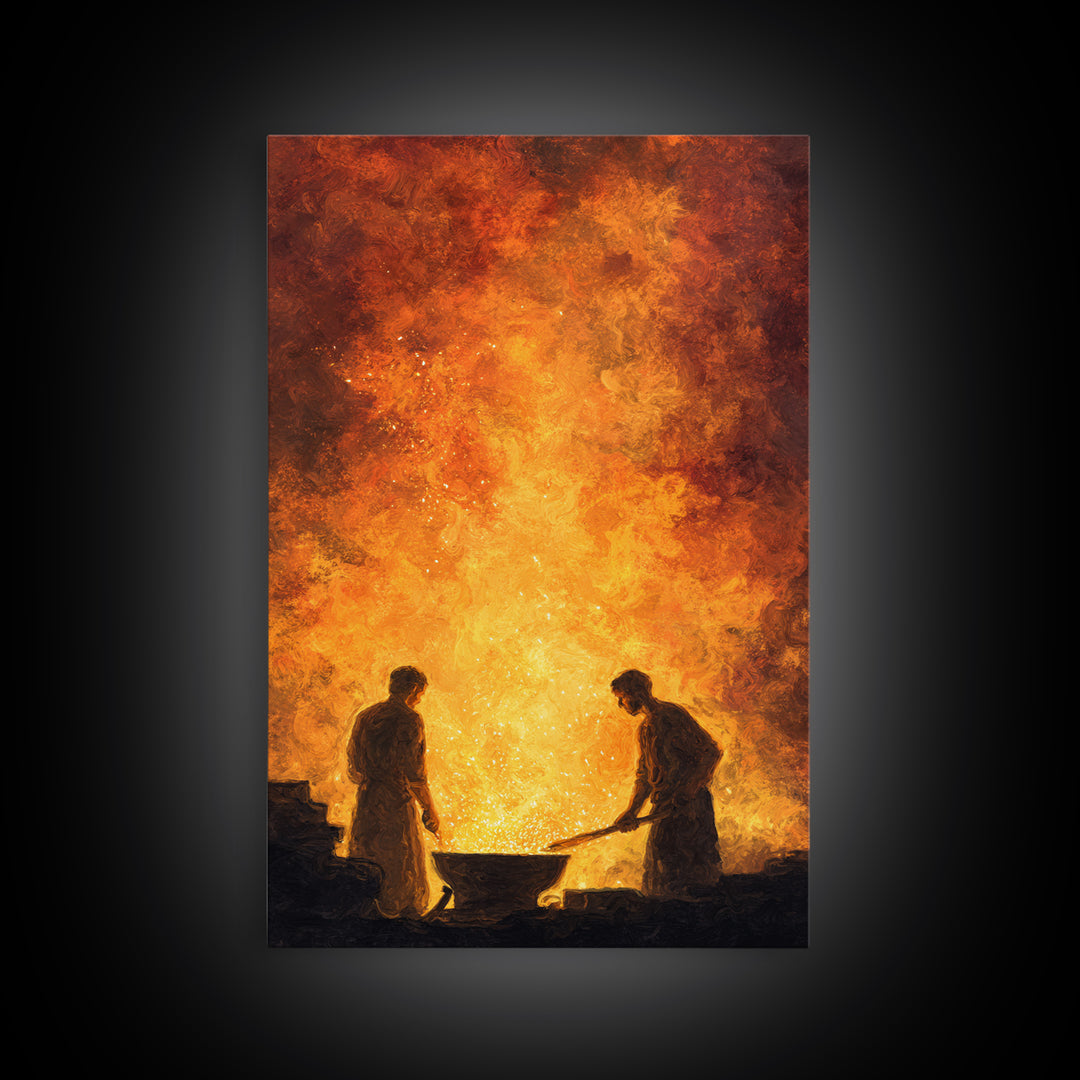 Two Blacksmiths Tending Glowing Forge Wall Art, Fiery African Inspired Painting, Rustic Workshop Home Decor Gift For Him