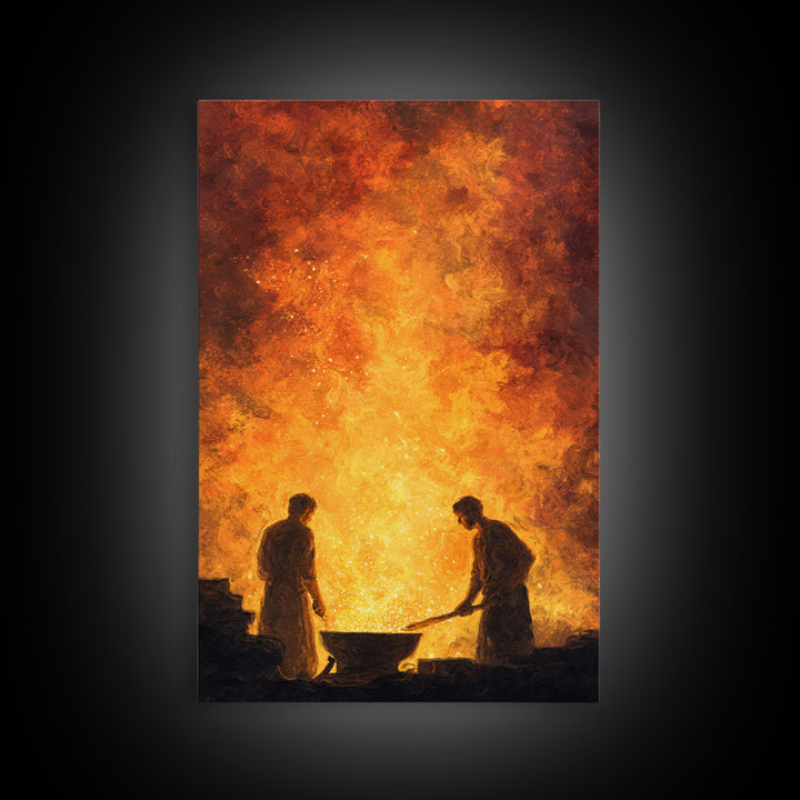 Two Blacksmiths Tending Glowing Forge Wall Art, Fiery African Inspired Painting, Rustic Workshop Home Decor Gift For Him