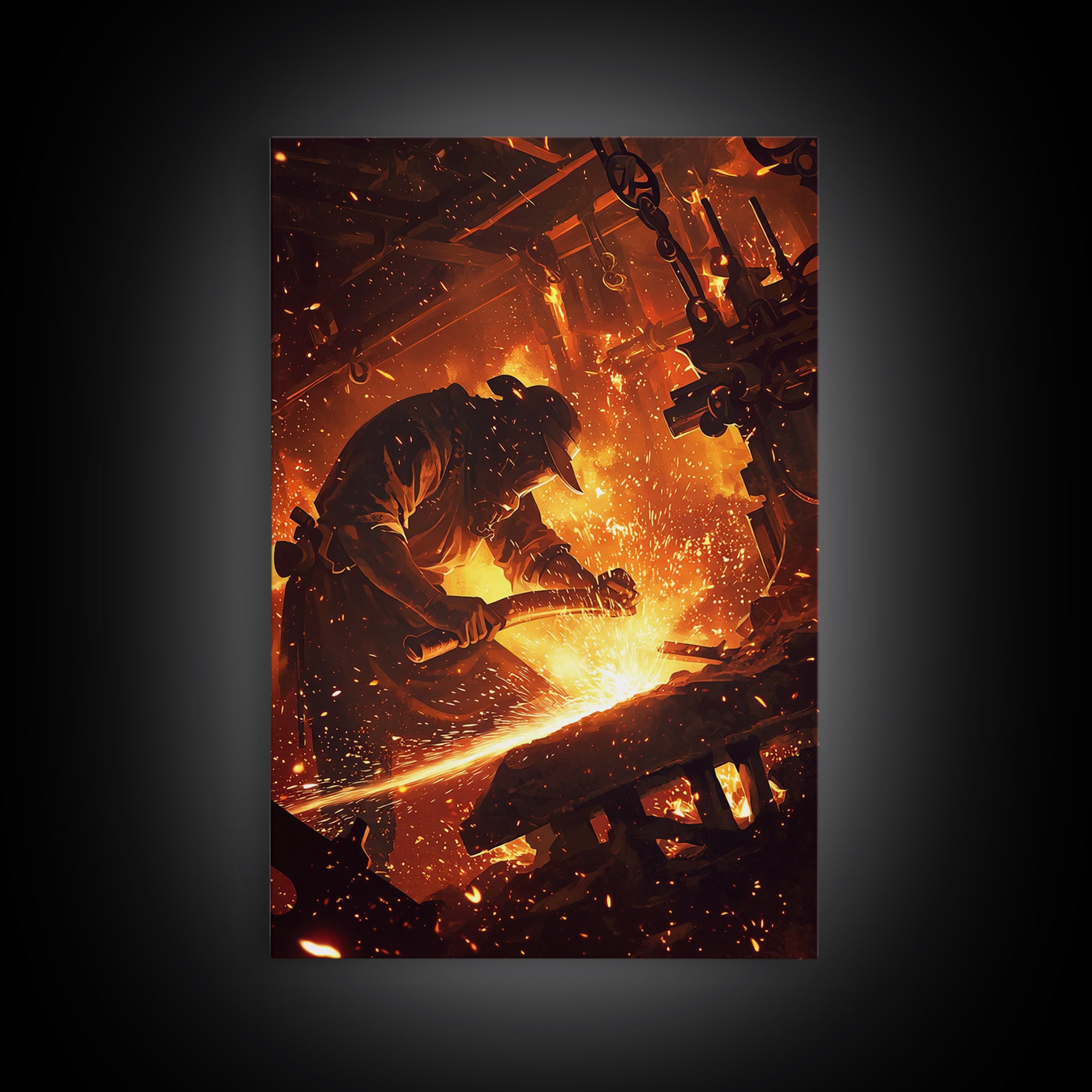 Blacksmith Hammering Hot Steel Framed Canvas Print, Fiery Industrial Wall Art, African Inspired Workshop Decor Gift For Him