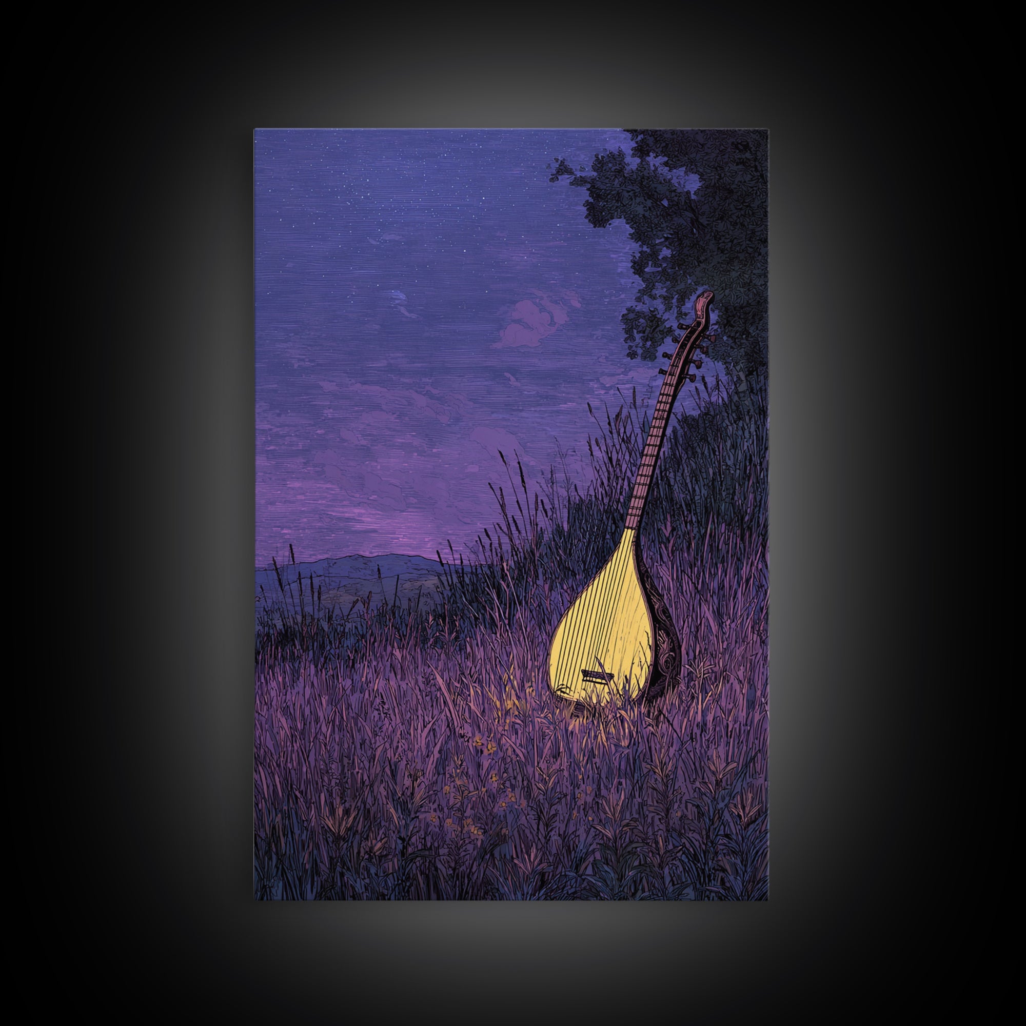 Glowing Kora In Purple Grass Wall Art, African Music Night Scene, Afrocentric Decor, Dreamy Cultural Canvas Print, Gift For Music Lovers