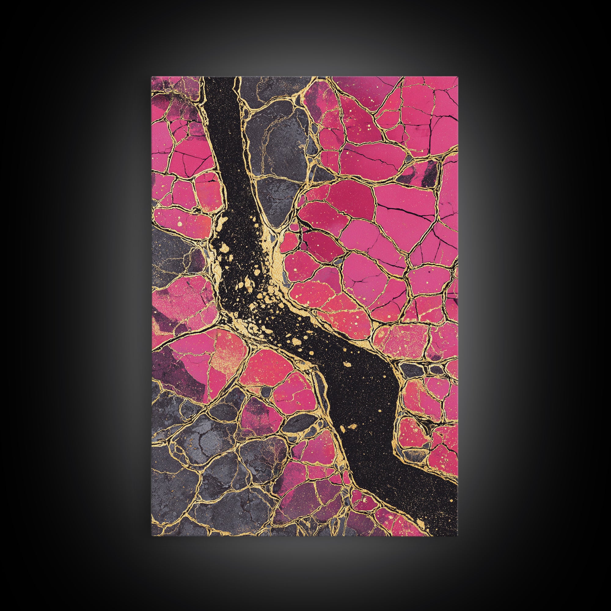 Pink Gold Kintsugi Abstract Wall Art, Cracked Stone Texture Painting, Modern Geometric Decor, Bold Contemporary Canvas Print