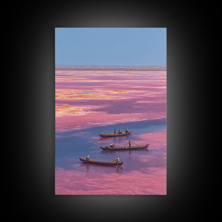 Pink Lake Boats African Landscape Wall Art, Senegal Salt Flats Canvas Print, Travel Decor, Serene Coastal Unique Artwork Gift