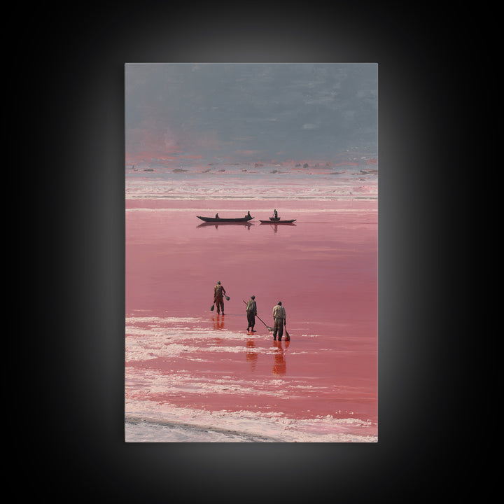 Rose Salt Lake Workers Canvas Print, African Landscape Wall Art, Pink Water Boats, Travel Poster, Serene Home Decor Gift