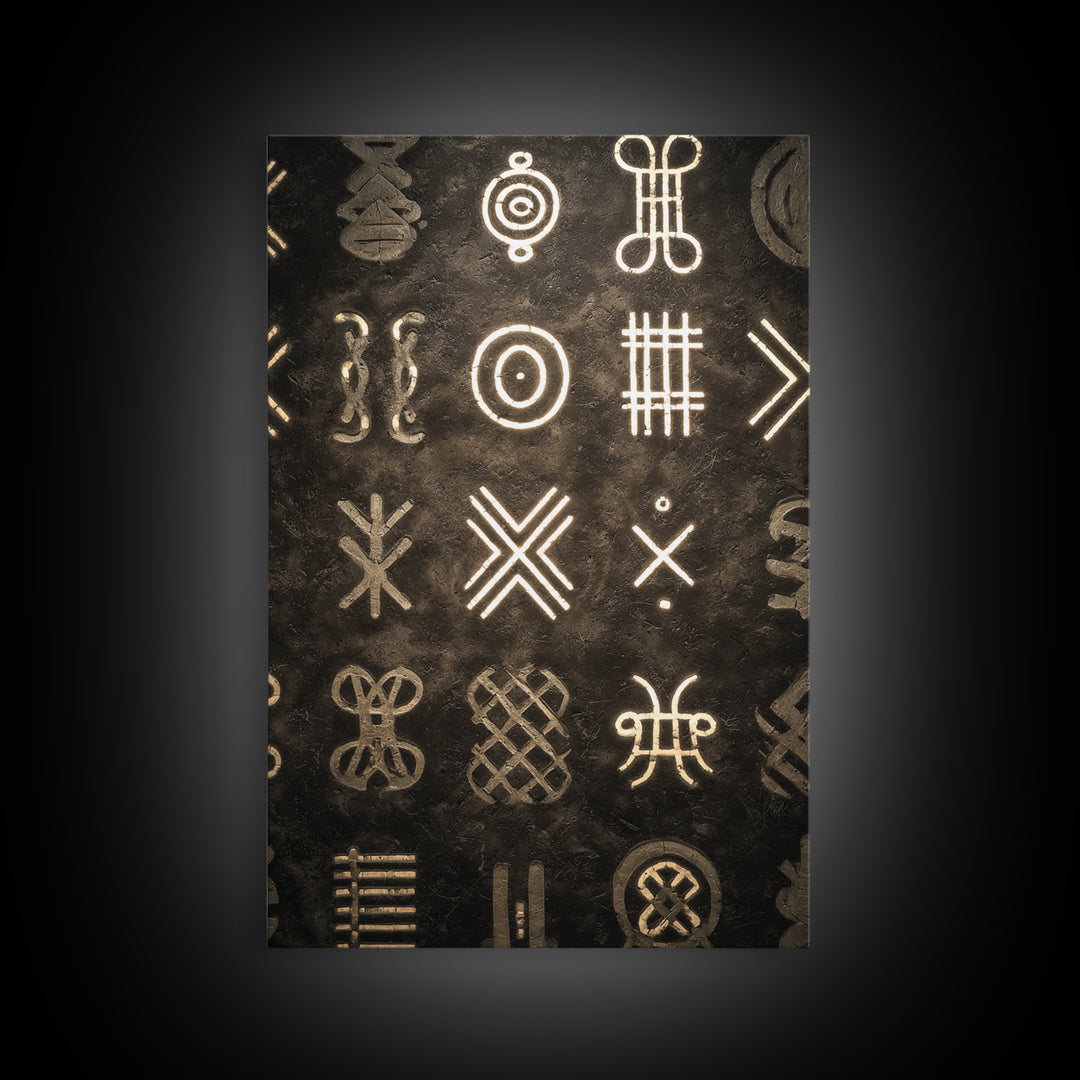 African Tribal Symbols Wall Art, Black And Gold Pattern Canvas Print, Mud Cloth Inspired Decor, Cultural Geometric Poster