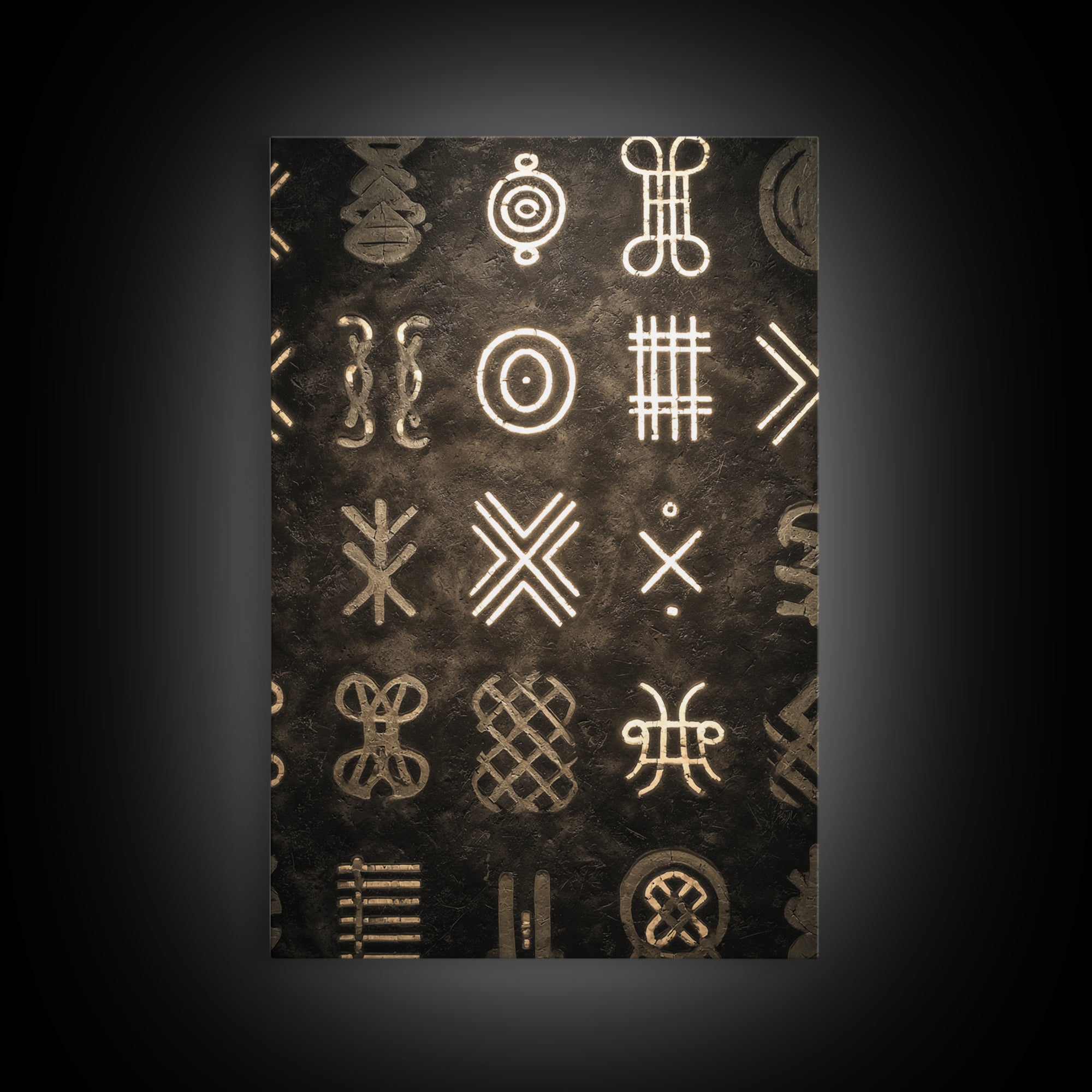 African Tribal Symbols Wall Art, Black And Gold Pattern Canvas Print, Mud Cloth Inspired Decor, Cultural Geometric Poster