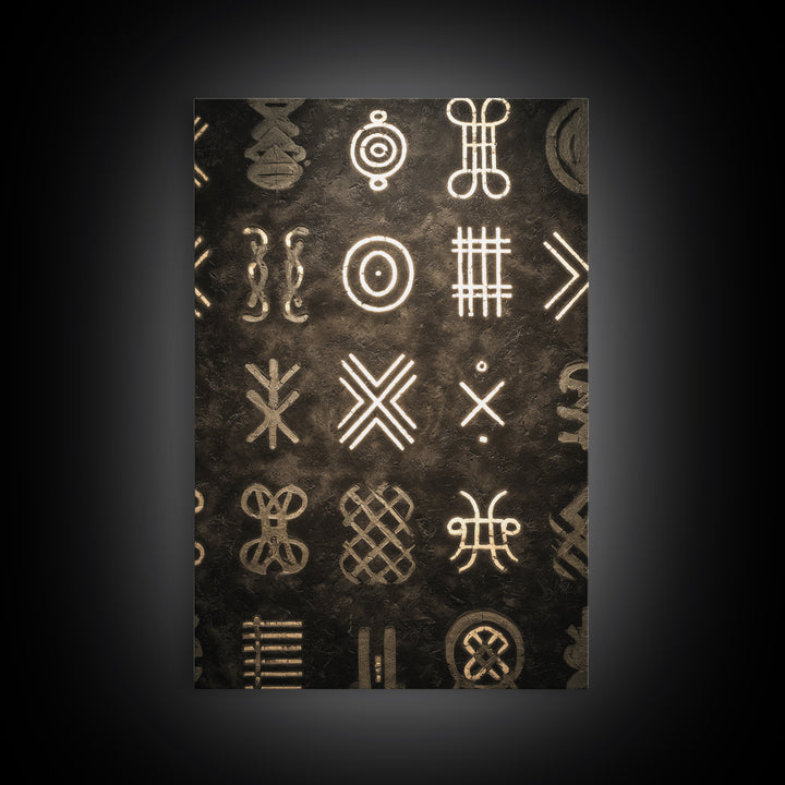 African Tribal Symbols Wall Art, Black And Gold Pattern Canvas Print, Mud Cloth Inspired Decor, Cultural Geometric Poster