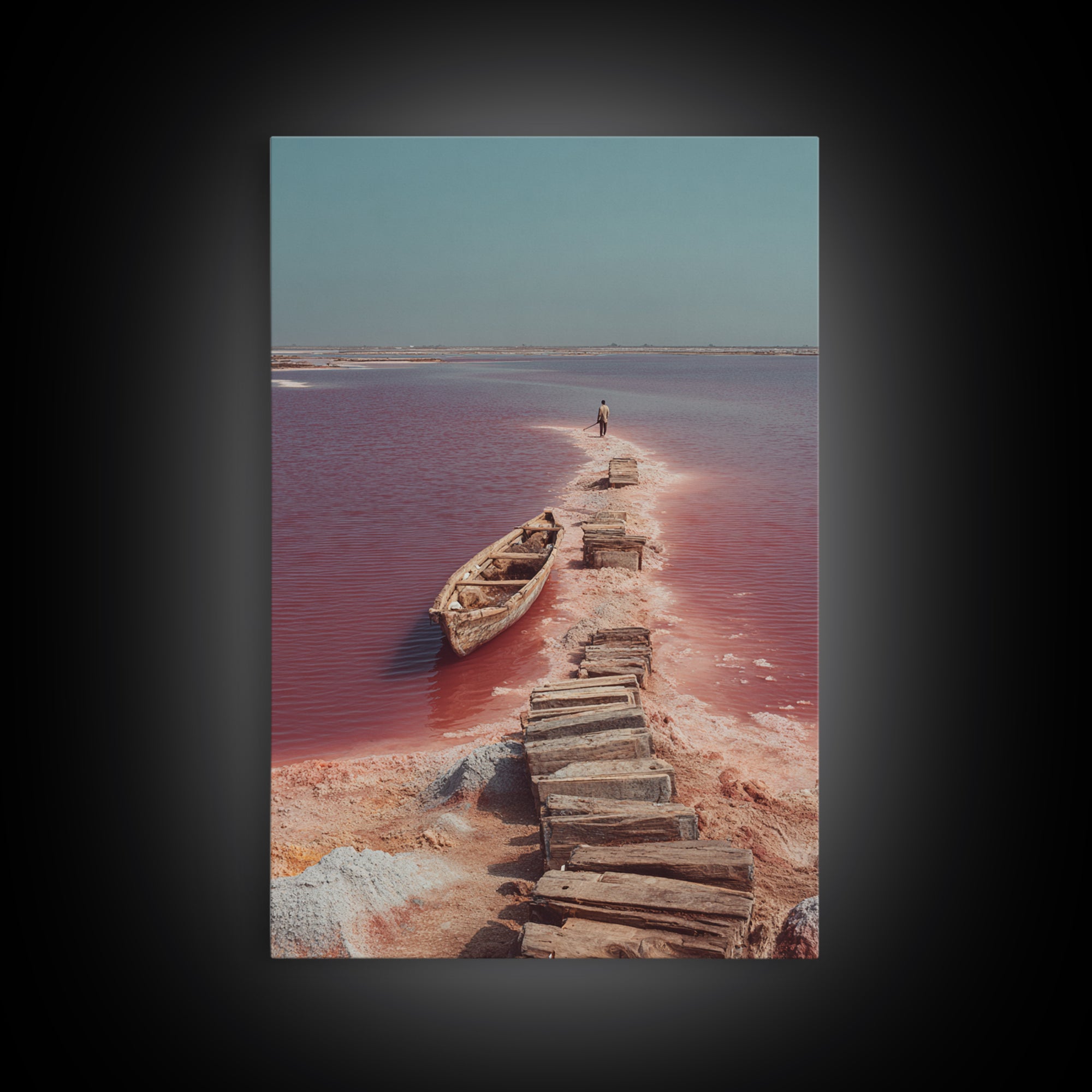 Wooden Path Through Pink Salt Lake Wall Art, African Landscape Canvas Print, Boat Travel Decor, Minimalist Coastal Art Gift