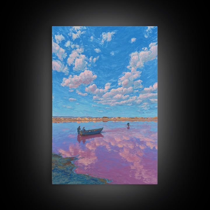 Blue Sky Pink Lake Canvas Print, African Landscape Wall Art, Boat Scene Travel Poster, Dreamy Nature Decor For Living Room
