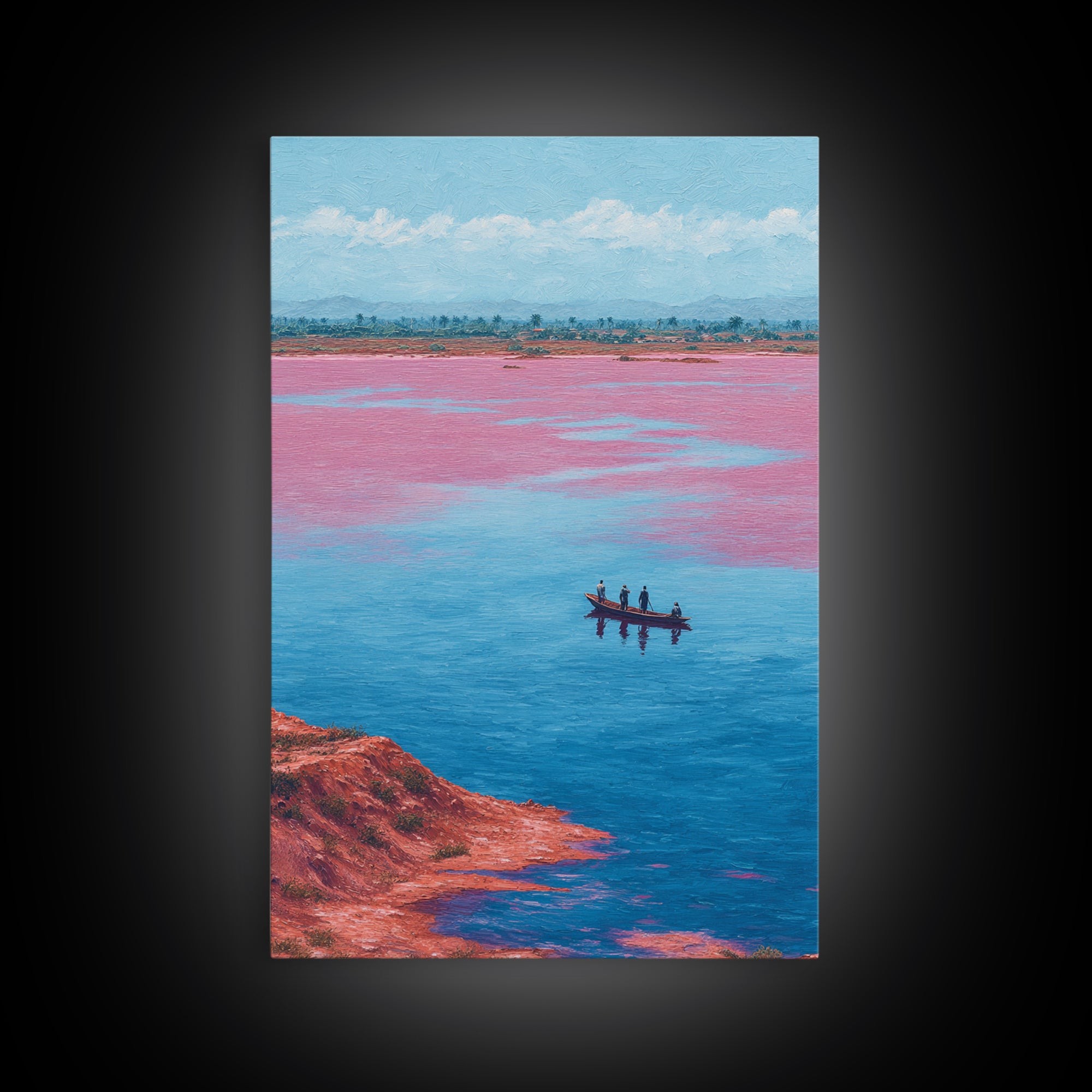 Pink Salt Lake Fishermen Boat Wall Art, African Landscape Canvas Decor, Afrocentric Travel Print, Vibrant Living Room Artwork
