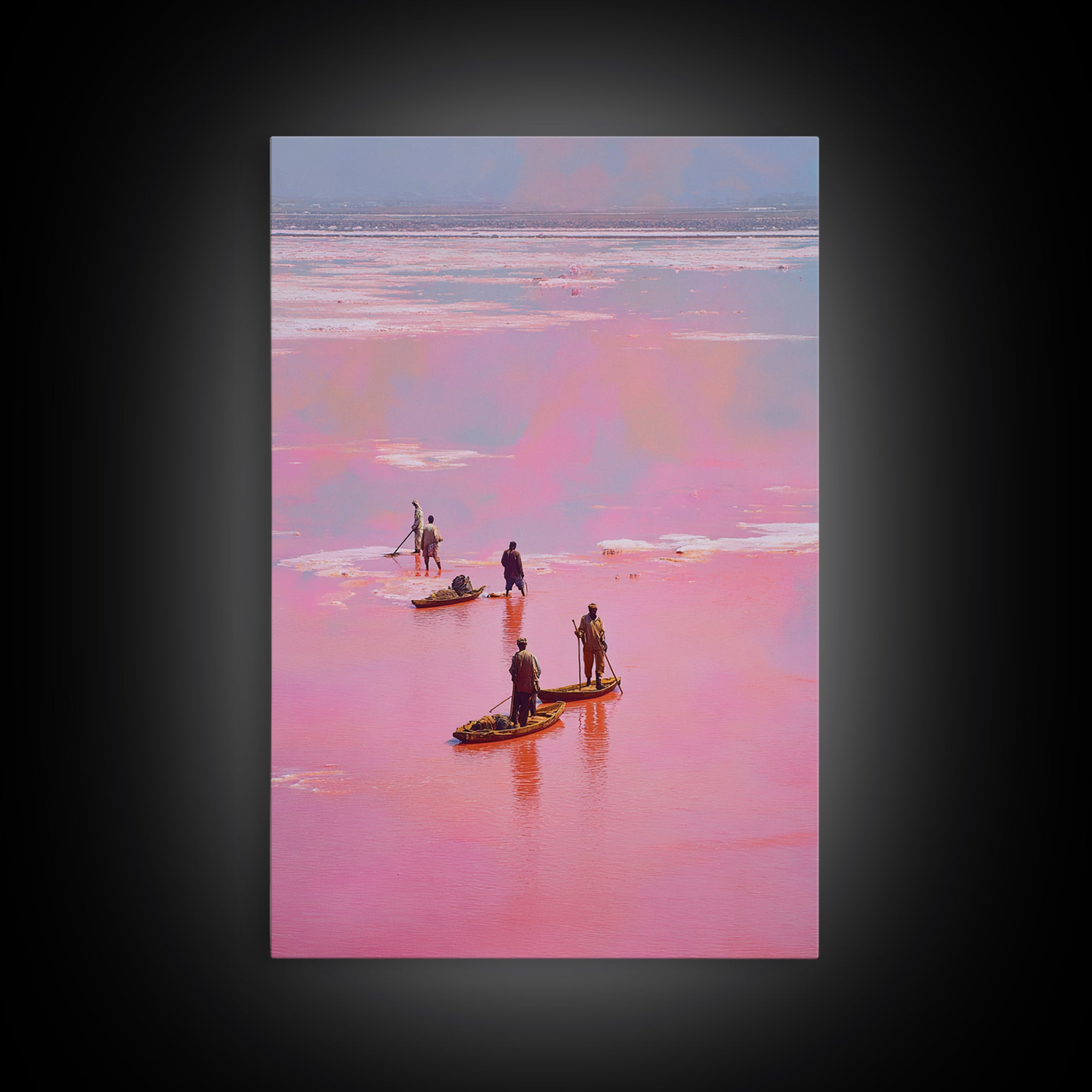 Rose Pink Salt Flats Canoes Canvas Print, African Fishermen Wall Decor, Pastel Safari Art Poster, Unique Home Decor Gift
