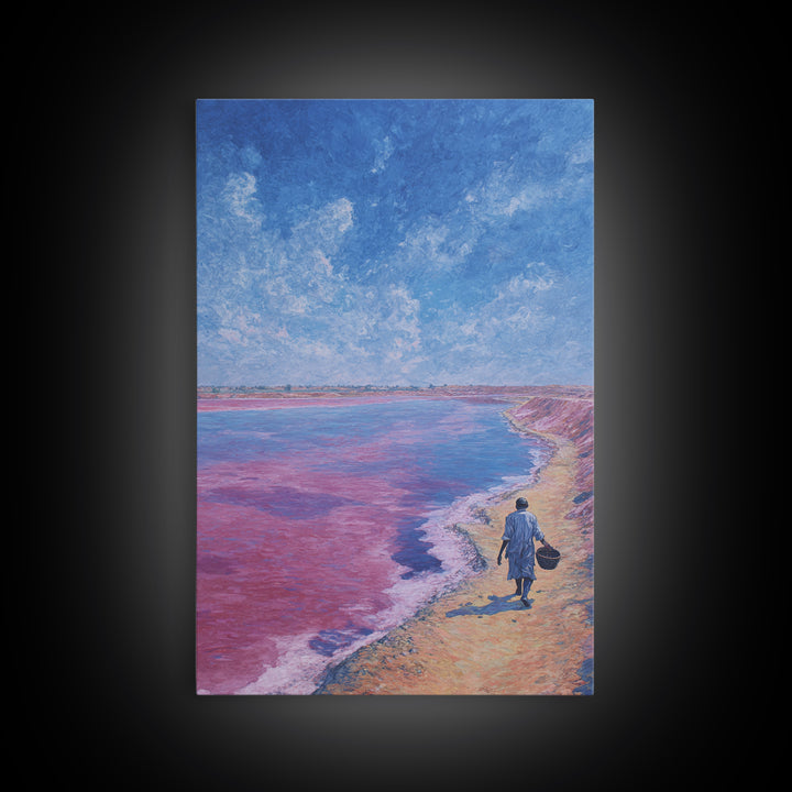 Lone Walker On Pink Shore Framed Canvas Print, African Landscape Wall Decor, Dreamy Lake Painting, Unique Travel Art Gift