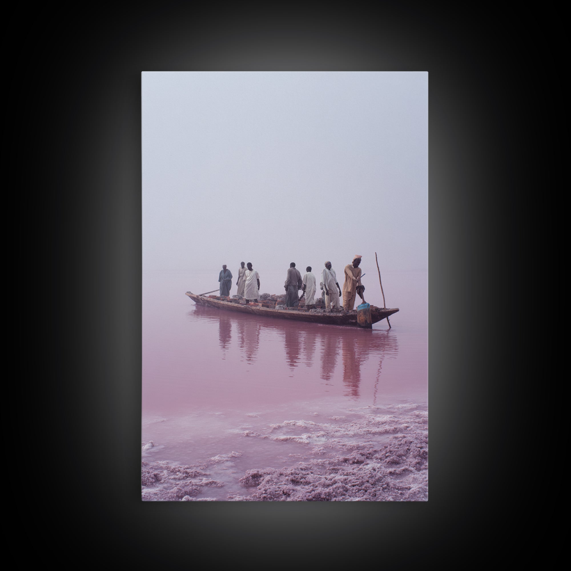Misty Pink Lake Boat Canvas Print, African Fishermen Wall Art Decor, Minimalist Pastel Landscape, Serene Living Room Art