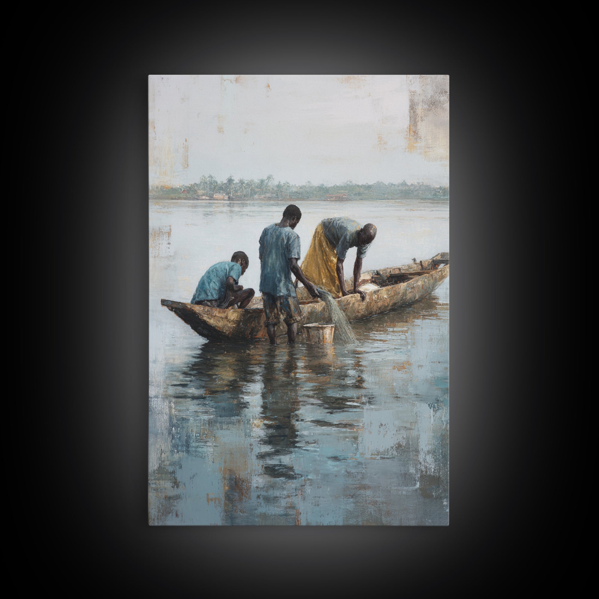 Fishermen Washing Nets By Canoe Wall Art, African Painting Canvas Decor, Cultural River Scene, Rustic Living Room Home Decor Gift