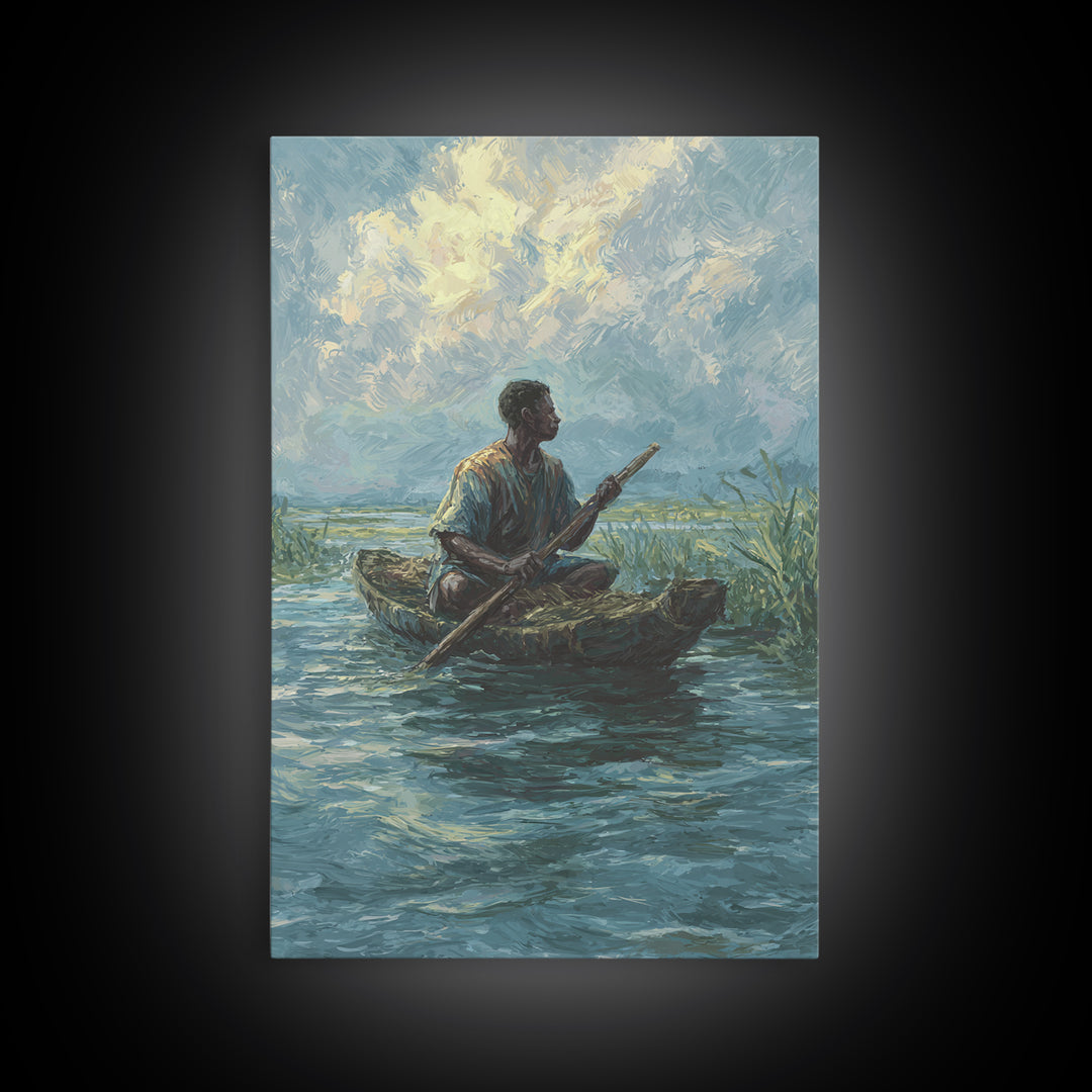 Solitary Canoe Fisherman Under Clouds Wall Art, African Landscape Print, Blue Green Nature Scene, Peaceful Canvas Home Decor