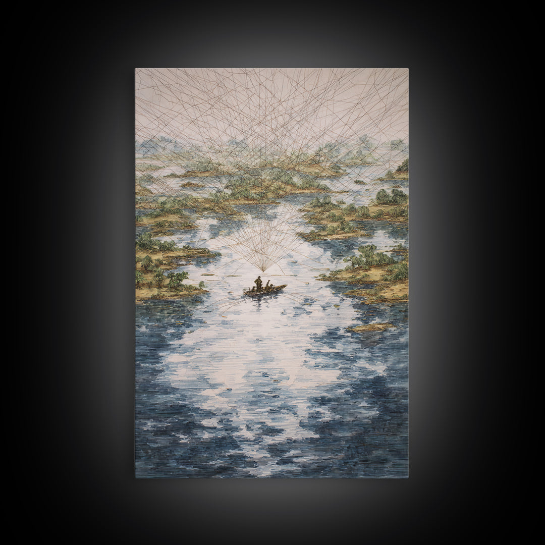 River Delta Boat And Map Lines Framed Canvas Print, African Landscape Wall Decor, Geometric Travel Art, Statement Home Decor
