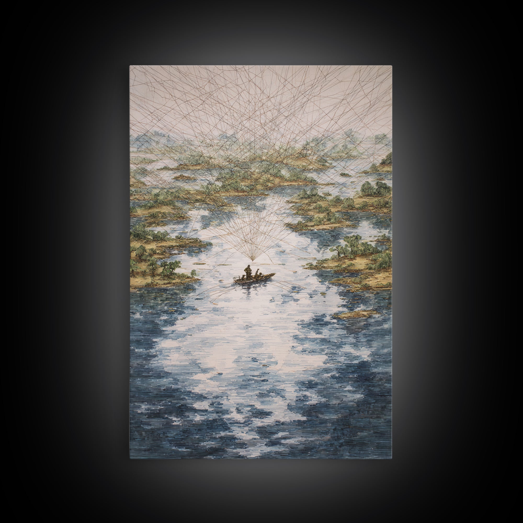 River Delta Boat And Map Lines Framed Canvas Print, African Landscape Wall Decor, Geometric Travel Art, Statement Home Decor