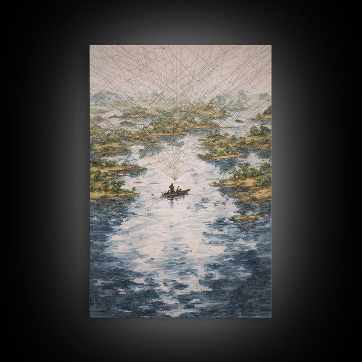 River Delta Boat And Map Lines Framed Canvas Print, African Landscape Wall Decor, Geometric Travel Art, Statement Home Decor
