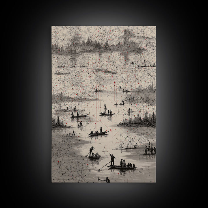 Monochrome River Boats With Red Lines Wall Art, African Landscape Print, Abstract Map Network, Cultural Gallery Home Decor
