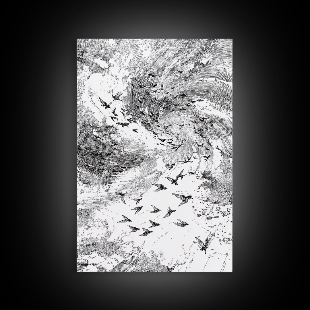 Black And White Bird Flock Storm Wall Art, Abstract African Inspired Nature Sketch, Minimalist Canvas Decor, Modern Office Gift