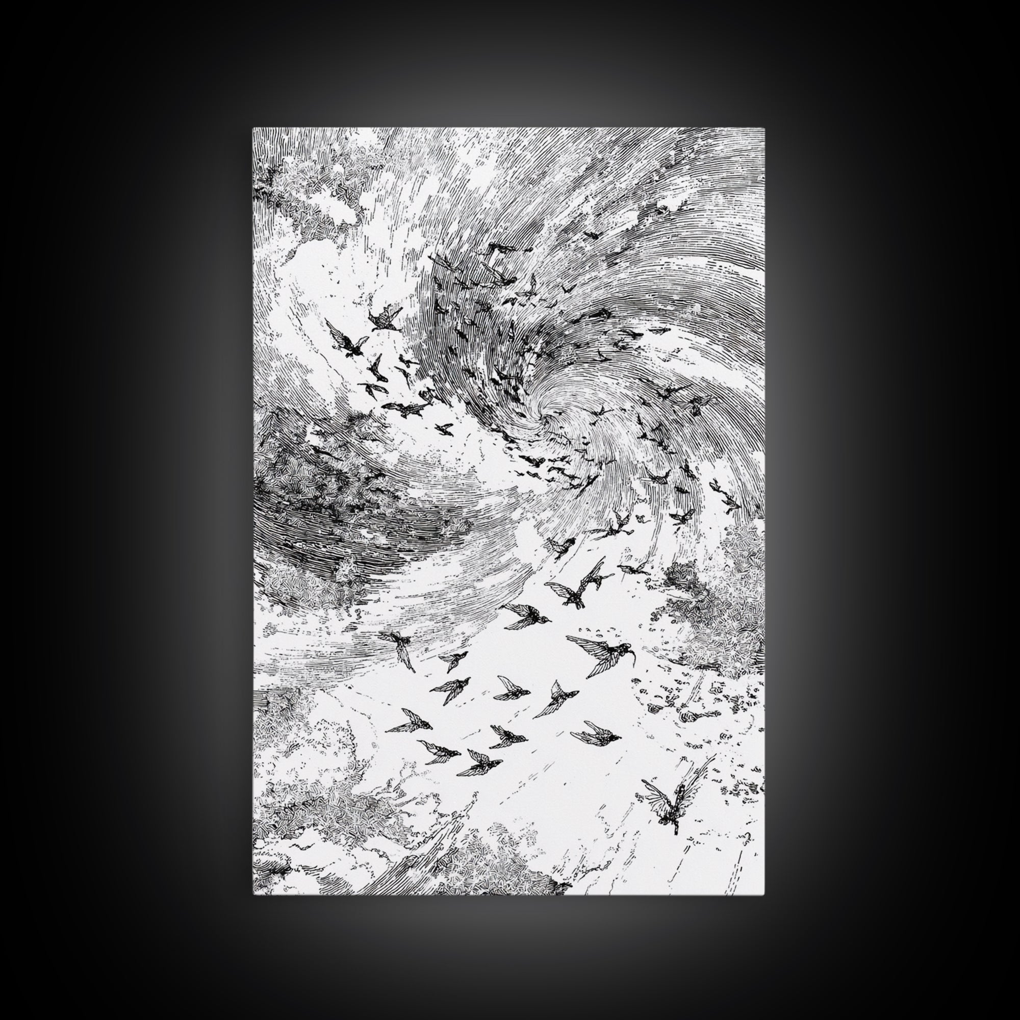 Black And White Bird Flock Storm Wall Art, Abstract African Inspired Nature Sketch, Minimalist Canvas Decor, Modern Office Gift