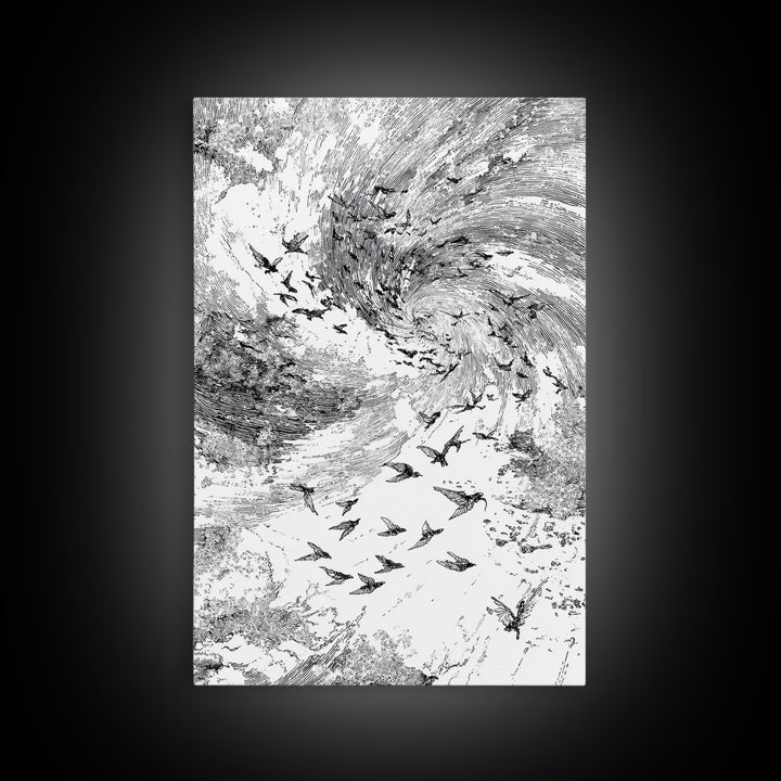 Black And White Bird Flock Storm Wall Art, Abstract African Inspired Nature Sketch, Minimalist Canvas Decor, Modern Office Gift