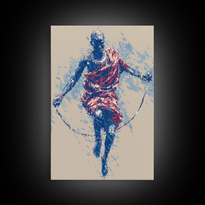 Maasai Warrior Jump Rope Dance Wall Art, African Tribal Art Print, Red Blue Athletic Portrait, Cultural Home Decor Gift For Him
