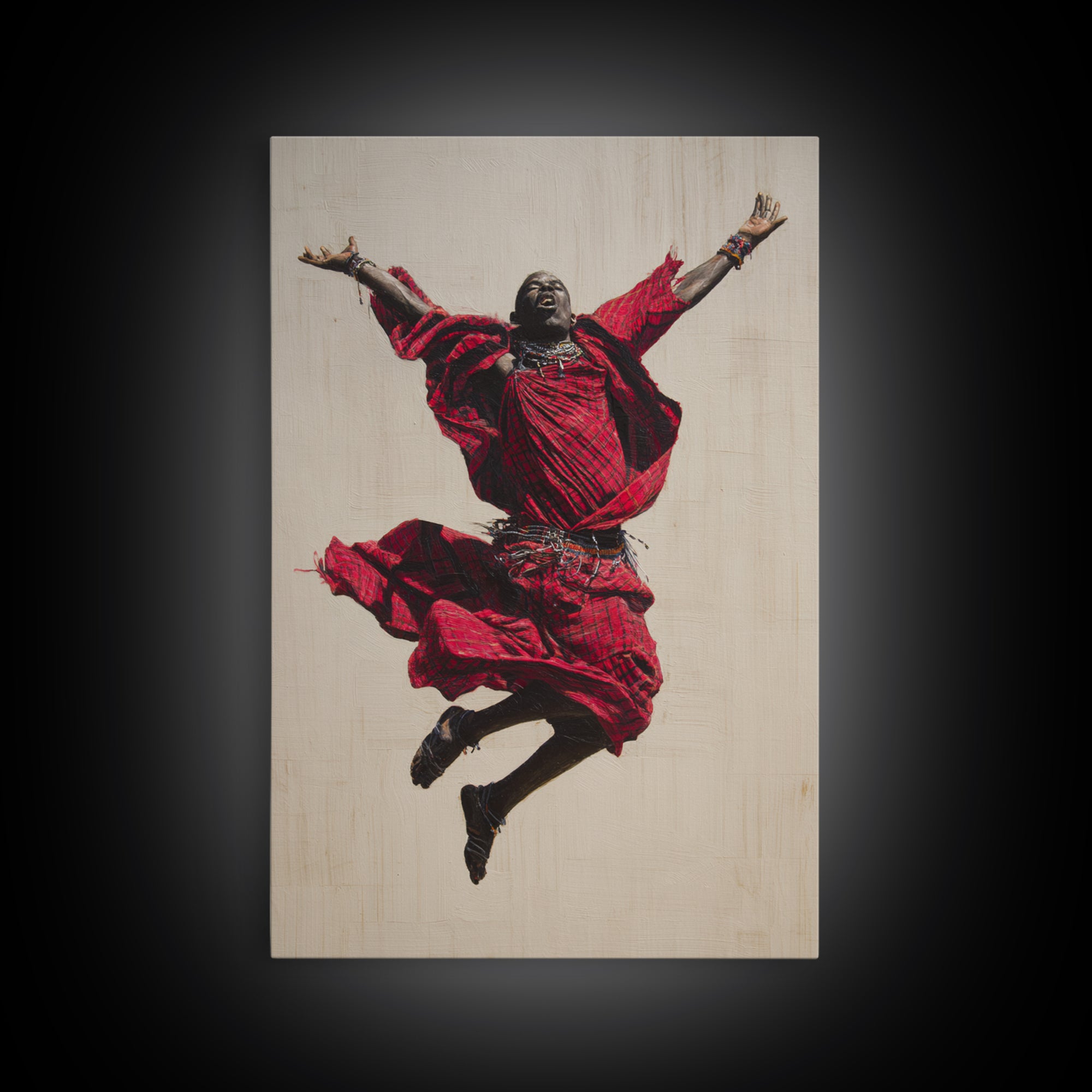 Joyful Maasai Dancer Leaping In Red Framed Canvas Print, African Warrior Art, Cultural Portrait, Bold Living Room Decor Gift