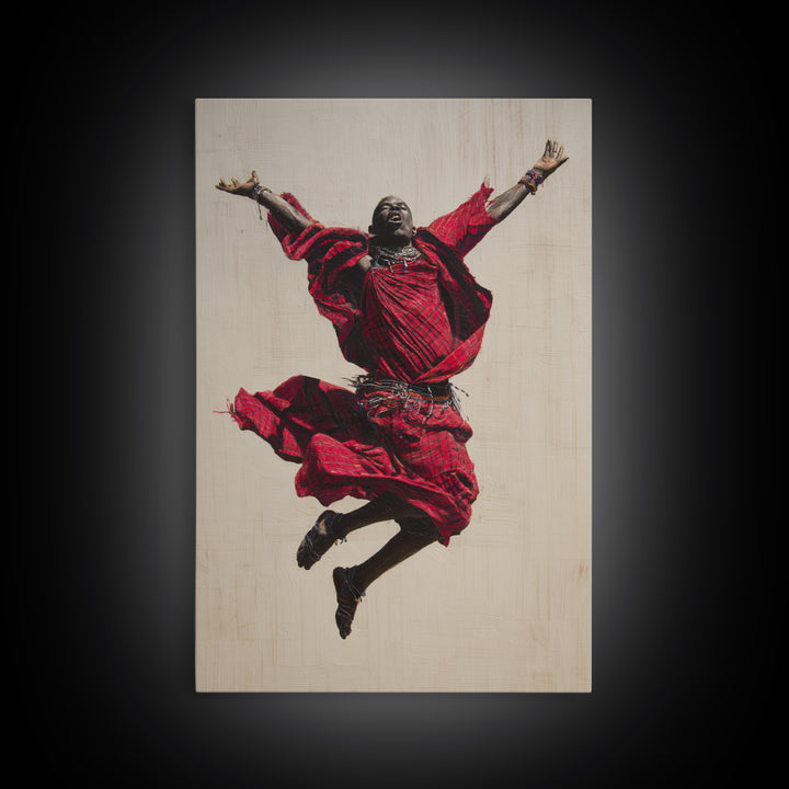 Joyful Maasai Dancer Leaping In Red Framed Canvas Print, African Warrior Art, Cultural Portrait, Bold Living Room Decor Gift