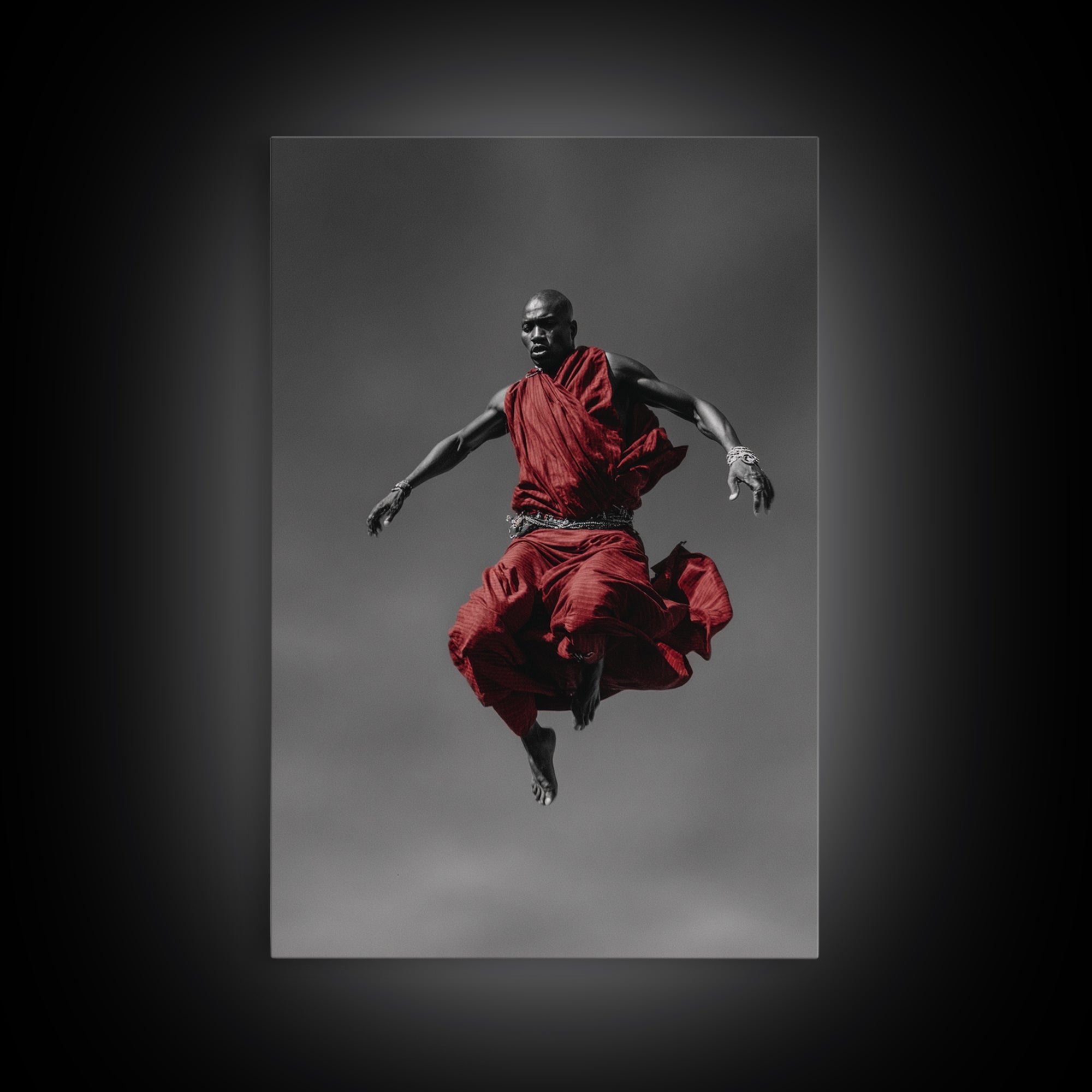 Floating Maasai Warrior In Red Robes Canvas Print, African Portrait Photography, Black Art Decor, Modern Cultural Wall Art