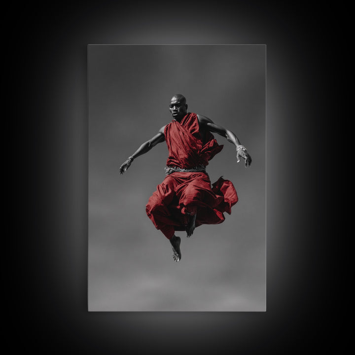 Floating Maasai Warrior In Red Robes Canvas Print, African Portrait Photography, Black Art Decor, Modern Cultural Wall Art