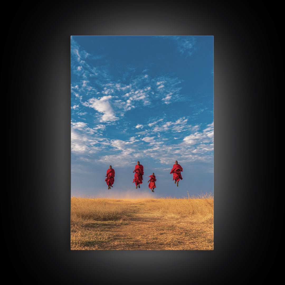 Four Maasai Warriors Jumping Over Savanna Wall Art, African Safari Art Print, Blue Sky Landscape, Cultural Home Decor Gift