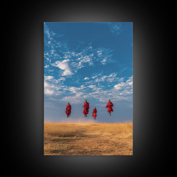 Four Maasai Warriors Jumping Over Savanna Wall Art, African Safari Art Print, Blue Sky Landscape, Cultural Home Decor Gift