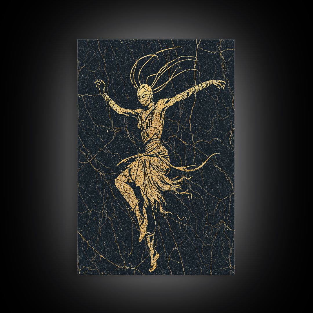 Gold Tribal Dancer On Black Cracked Texture Canvas Print, African Mask Art, Elegant Abstract Wall Decor, Spiritual Home Gift