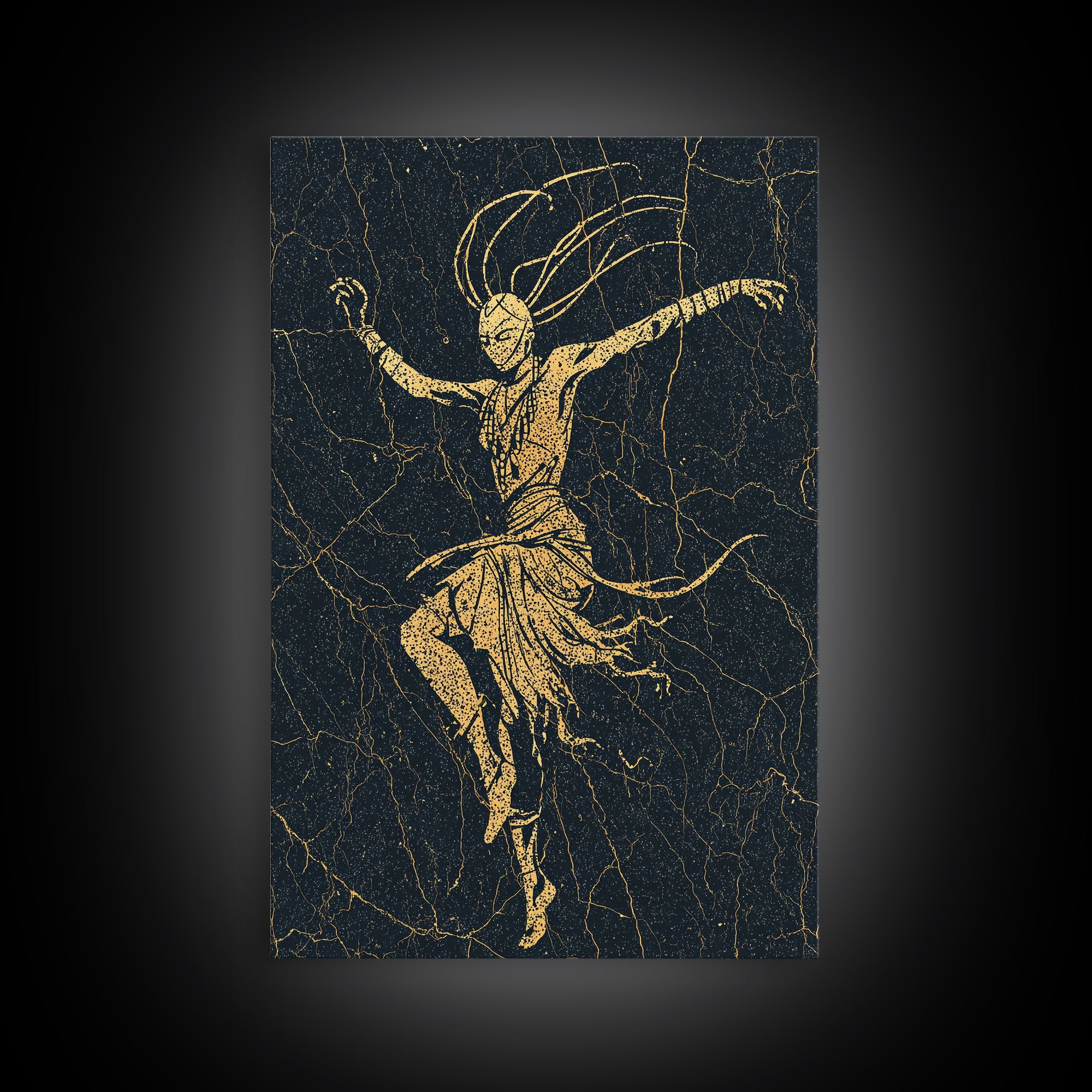 Gold Tribal Dancer On Black Cracked Texture Canvas Print, African Mask Art, Elegant Abstract Wall Decor, Spiritual Home Gift