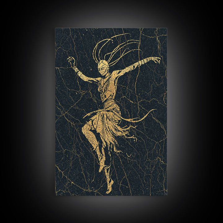 Gold Tribal Dancer On Black Cracked Texture Canvas Print, African Mask Art, Elegant Abstract Wall Decor, Spiritual Home Gift