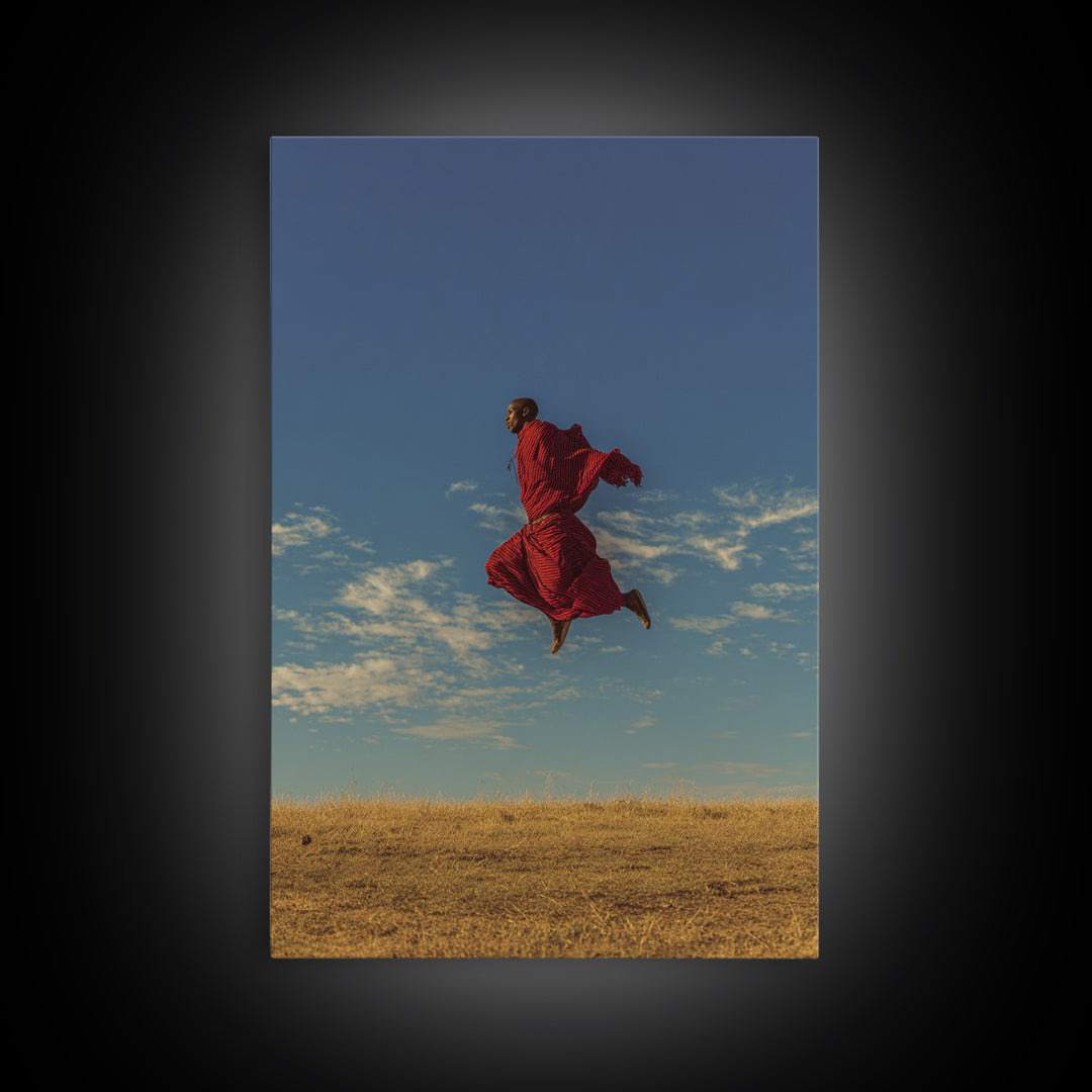 Solo Maasai Warrior Leaping Above Golden Grass Wall Art, African Safari Portrait, Red Robe Landscape, Cultural Decor Gift