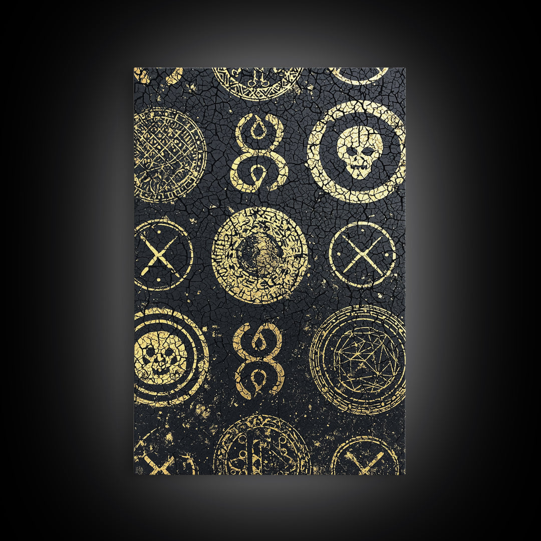 Gold Tribal Symbols And Skulls On Black Texture Canvas Print, African Abstract Wall Art, Mystical Pattern Home Decor Gift