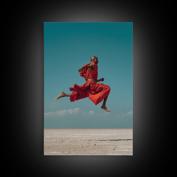 Leaping Maasai Warrior Canvas Print, African Wall Art, Red Robe Desert Photography, Tribal Decor For Living Room Wall Decor