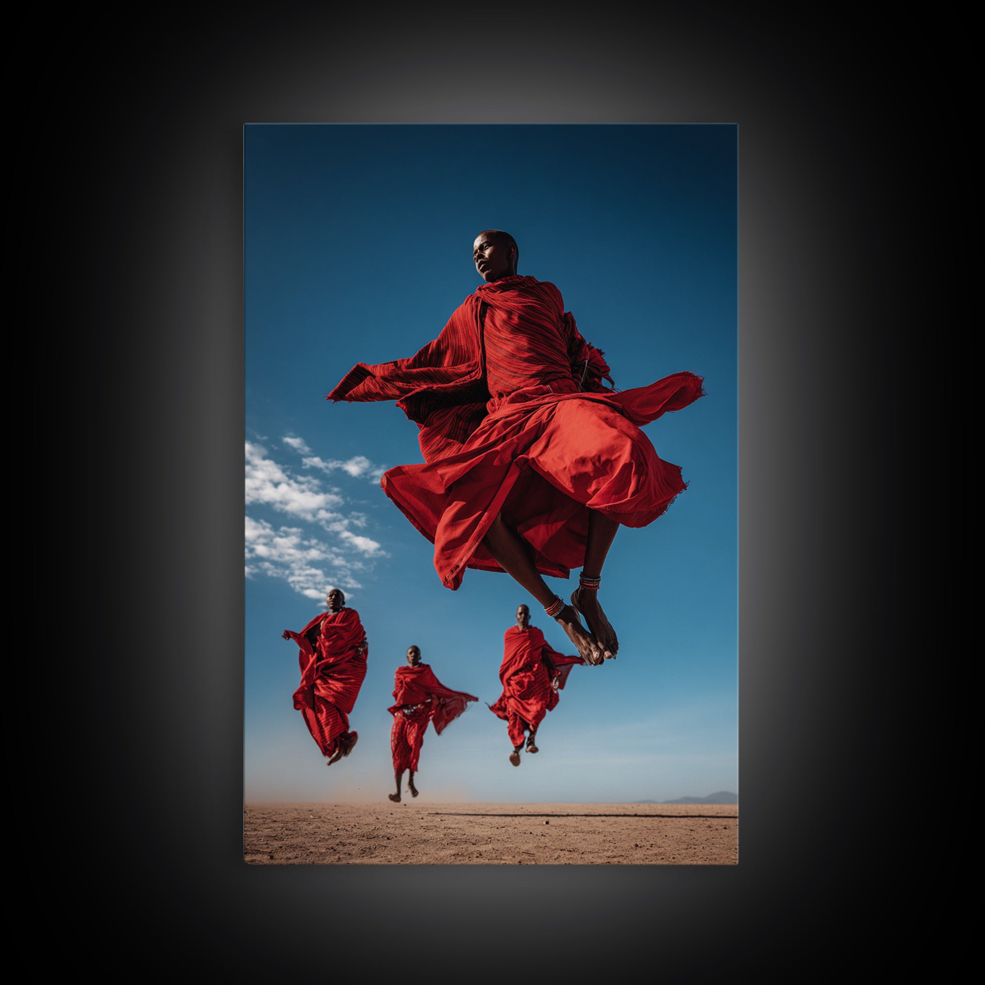 Maasai Warriors Jumping Framed Canvas Print, African Wall Art, Red Robe Tribal Decor, Safari Photography For Home Wall Decor
