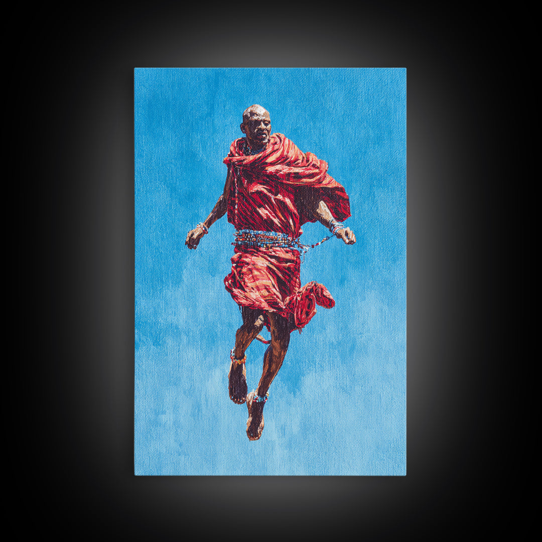 Painted Maasai Warrior Jump Wall Art, African Acrylic Art, Red Robe Tribal Portrait, Afrocentric Canvas Print Decor Gift