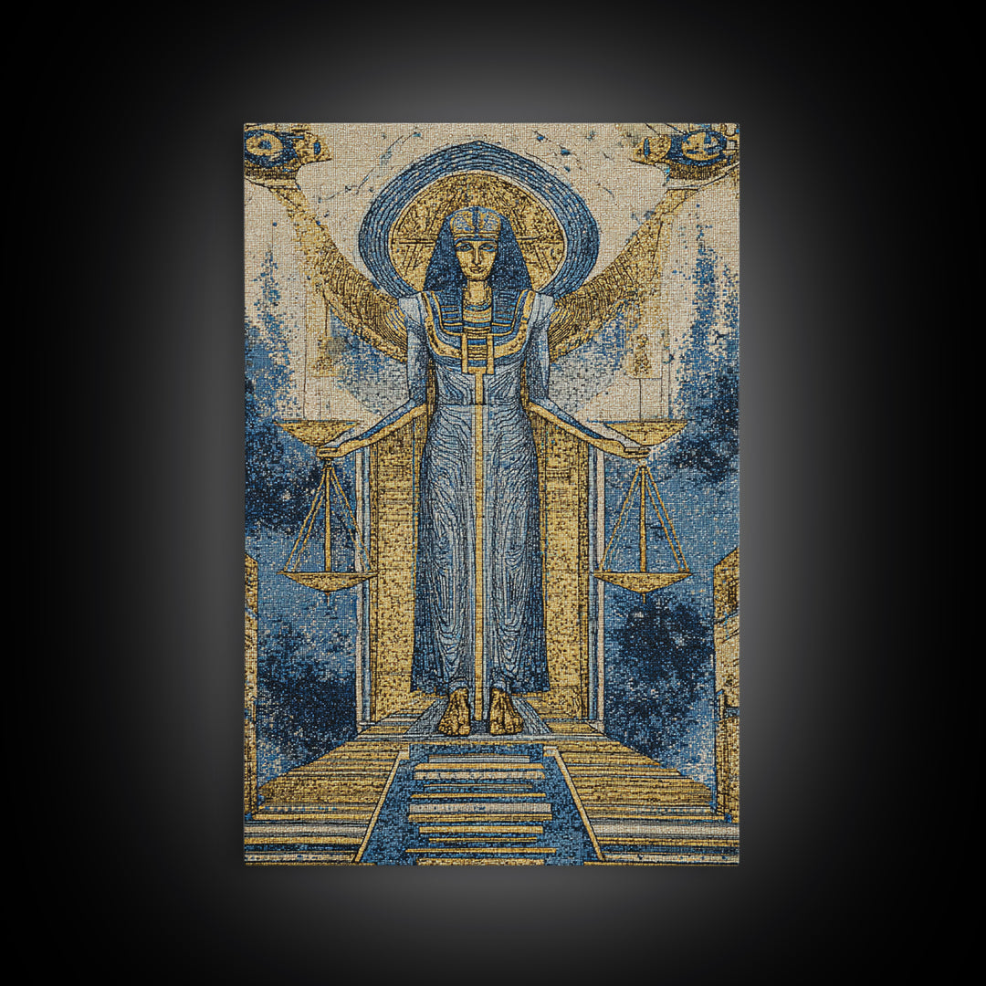 Egyptian Goddess Of Justice Wall Art, African Egyptian Art, Blue Gold Spiritual Canvas Print, Ancient Culture Home Decor Gift