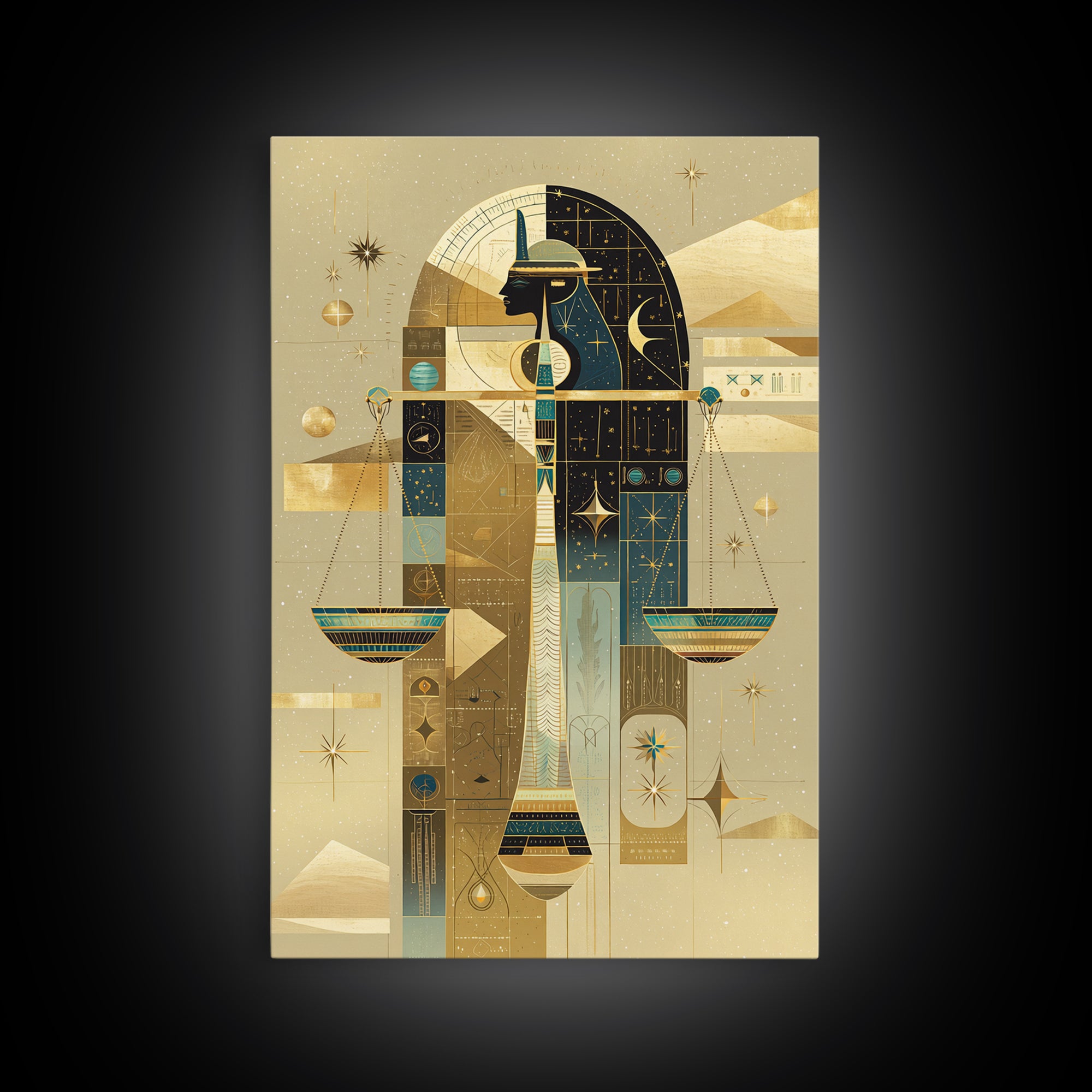 Anubis And Scales Framed Canvas Print, African Egyptian Art, Gold Black Wall Art, Mystical Spiritual Home Decor Gift For Her