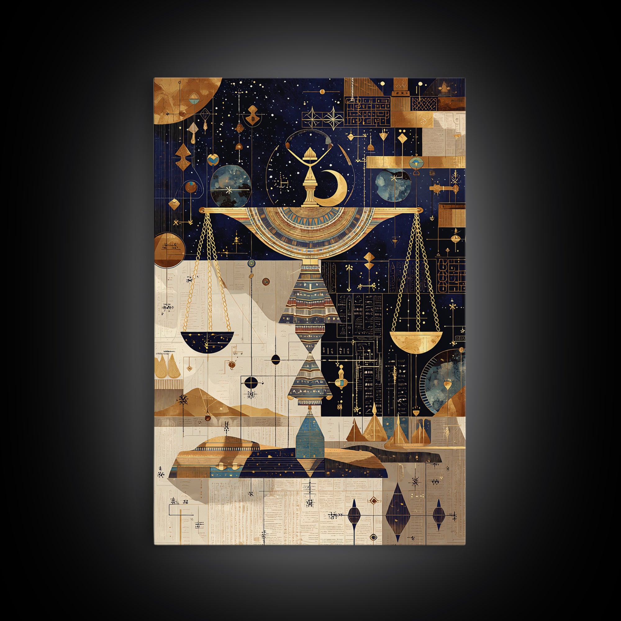 Celestial Egyptian Scales Wall Art, African Egyptian Art, Gold Black Mystical Canvas Print, Spiritual Home Decor Gift Idea