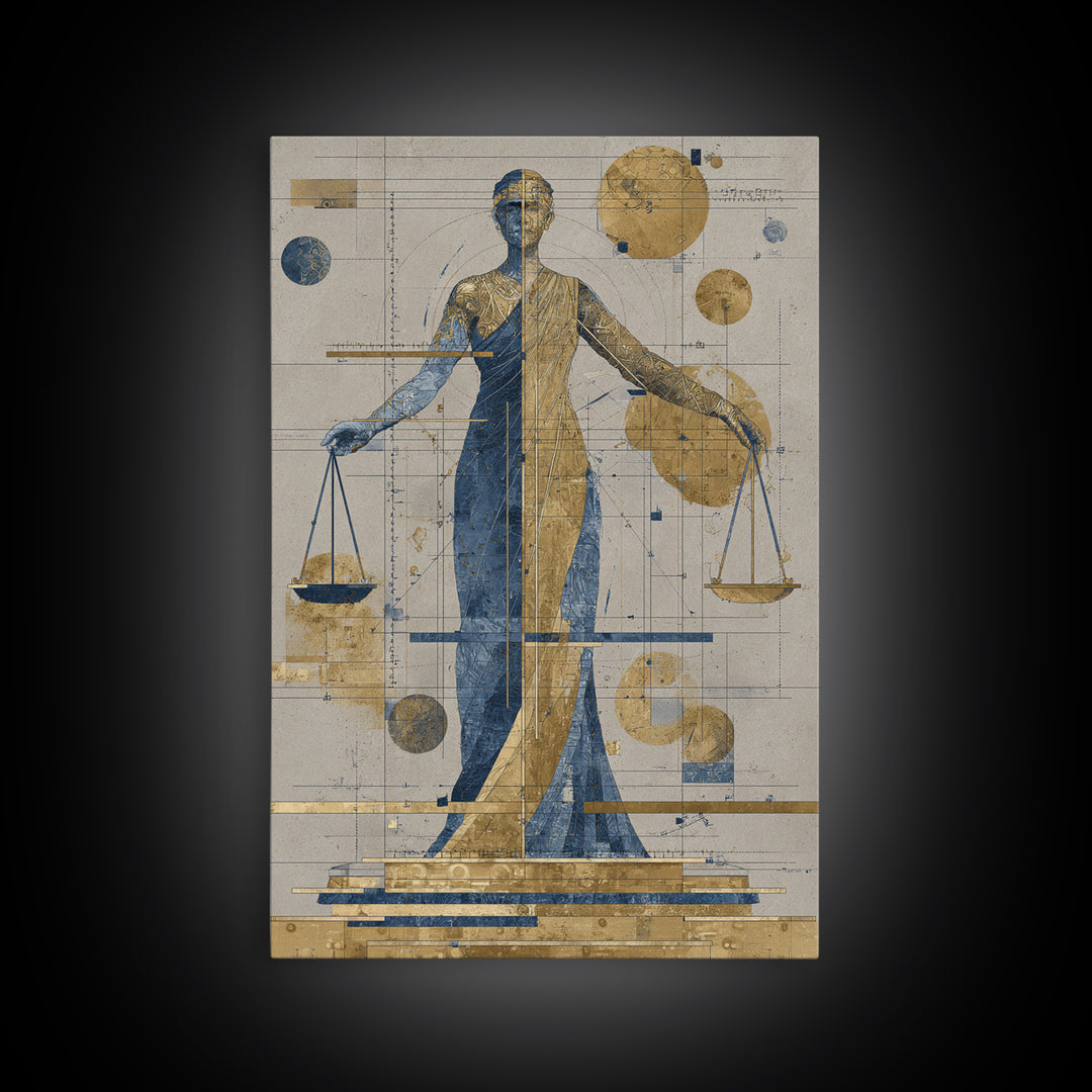 Blue Gold Lady Justice Goddess Canvas Print, Abstract African Wall Art, Modern Portrait Decor, Elegant Office Statement Piece