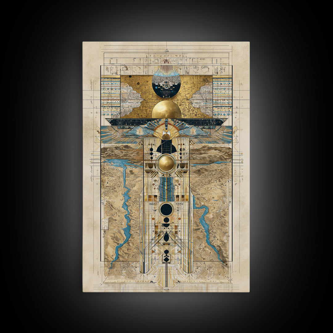 Egyptian Sacred Geometry Totem Canvas Print, African Egyptian Wall Art, Gold Blue Map Decor, Mystical Ancestral Poster Print